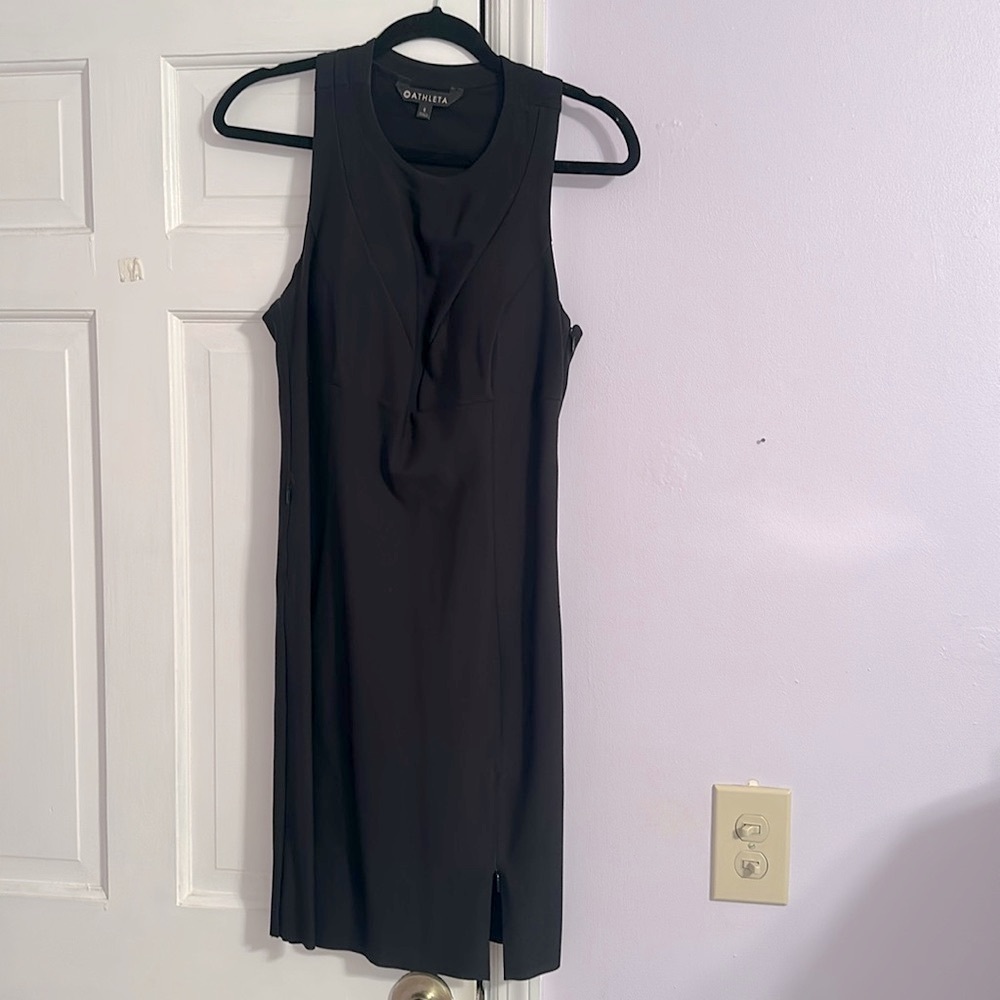 Athleta Black Midi Dress - looks brand new.  side zip and small slit at bottom.